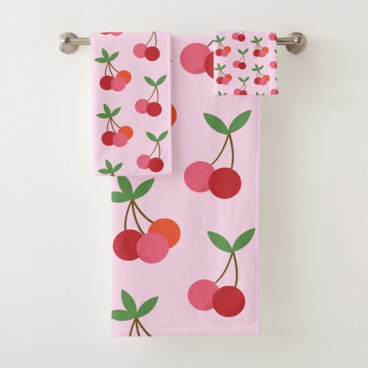 Cherry Fruit Pattern in roze and Red Personalized Bad Handdoek (Insitu)