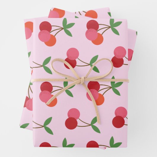 Cherry Fruit Pattern in roze and Red Personalized Inpakpapier Vel (In situ)