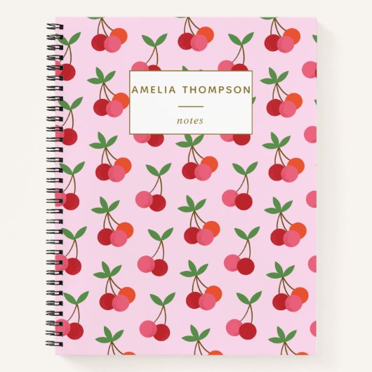 Cherry Fruit Pattern Retro Red Pink gepersonalisee Notitieboek (Voorkant)