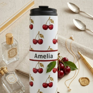 Cherry & Golden Leaves Custom Name Design Gift Thermosbeker