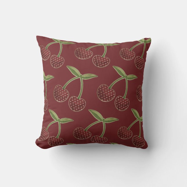  Cherry Illustrated Pattern on Burgundy Kussen (Voorkant)