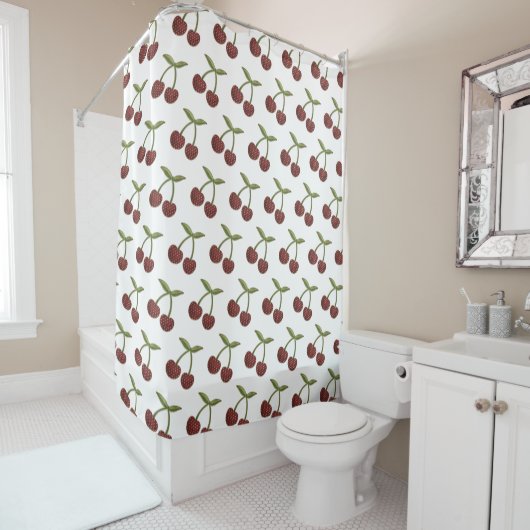 Cherry Illustrated Pattern on White Douchegordijn (In situ)