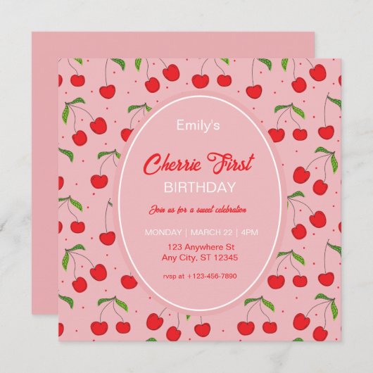 CHERRY Invitation de fête d'anniversaire (Devant / Derrière)