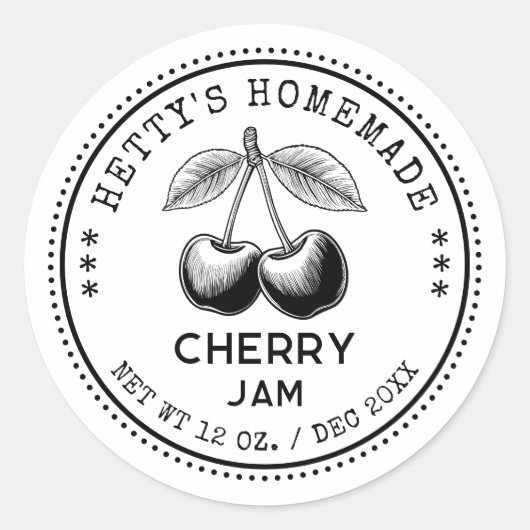 Cherry jam inblikken sticker in zwart-wit (Voorkant)