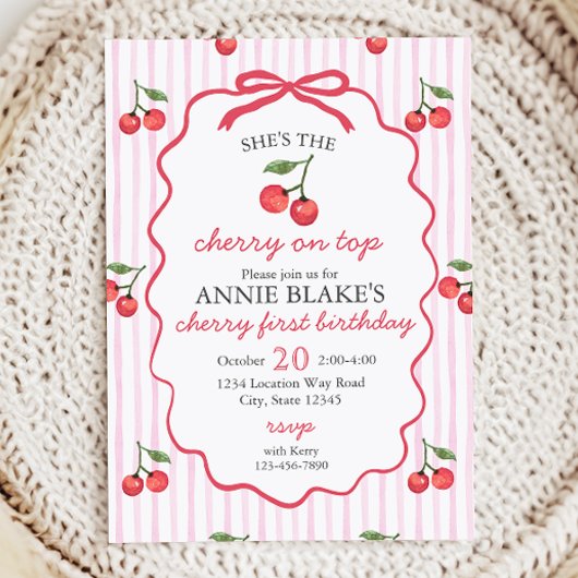 Cherry On Top Fille 1er Anniversaire Invitation