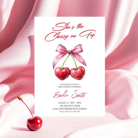 Cherry on Top pink bow Baby Shower Invitation