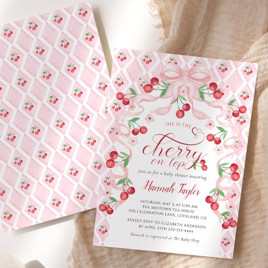Cherry on Top Pink Bow Baby shower Invitation