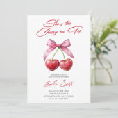 Cherry on Top pink bow Baby Shower Invitation (Debout devant)