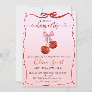 Cherry op Top Coquette Bow Cherry Girl Baby shower Kaart