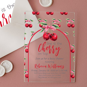 Cherry op Top Coquette Pink Bow Girl Baby shower Acryl Uitnodigingen