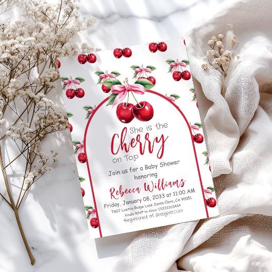Cherry op Top Coquette Pink Bow Girl Baby shower Kaart