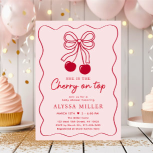 Cherry op Top Pink Bow Baby shower Kaart