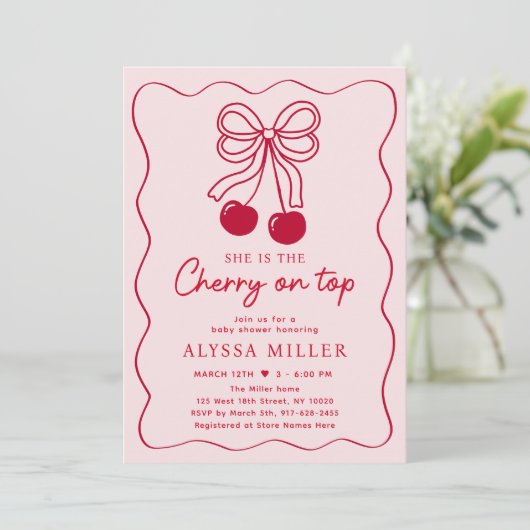 Cherry op Top Pink Bow Baby shower Kaart (Staand voorkant)