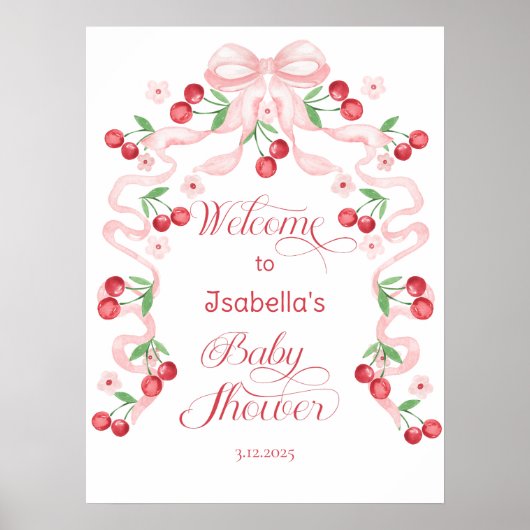 Cherry op top Pink Bow Baby shower Welkom Poster (Voorkant)
