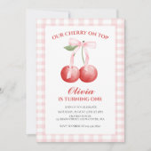 Cherry op Top Pink Bow preppy 1e verjaardag Kaart (Voorkant)