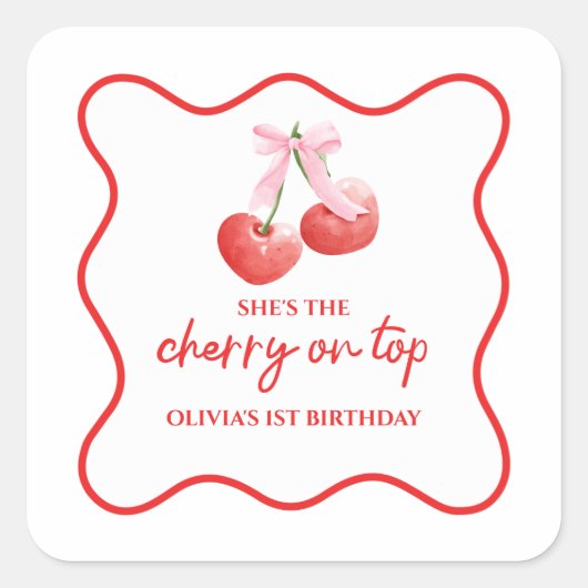 Cherry op Top Pink Bow preppy verjaardag Vierkante Sticker (Voorkant)