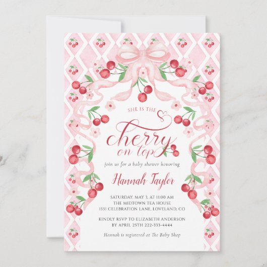Cherry op Top Roze Bow QR Code Baby shower Kaart (Voorkant)