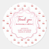 Cherry op Top Roze Bow Rode Baby Meisje Douche Ronde Sticker (Voorkant)