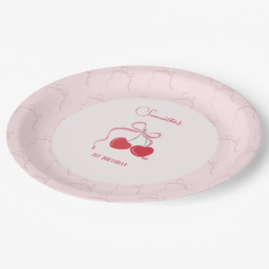 Cherry op Top Roze Bow Verjaardag Papieren Bordje (Gekanteld)