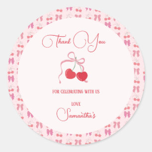 Cherry op Top Roze Bow Verjaardag Ronde Sticker