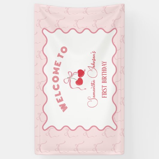Cherry op Top Roze Bow Verjaardag Spandoek (Verticaal)