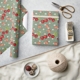 Cherry Pattern met Sage Green Background Cadeaupapier
