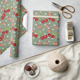  Cherry Pattern met Sage Green Background Cadeaupapier