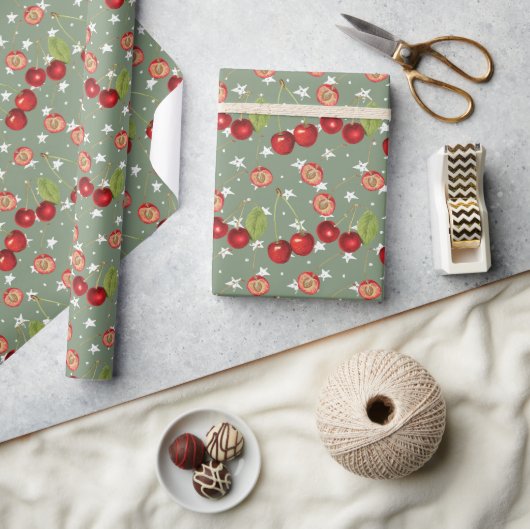 Cherry Pattern met Sage Green Background Cadeaupapier (Crafts)
