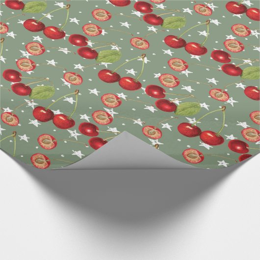  Cherry Pattern met Sage Green Background Cadeaupapier (Hoek)