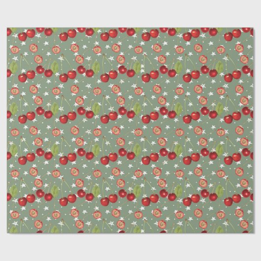  Cherry Pattern met Sage Green Background Cadeaupapier (Vlak)