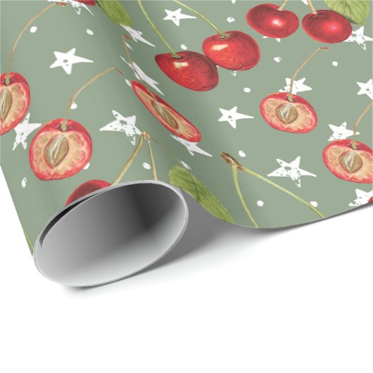 Cherry Pattern met Sage Green Background Cadeaupapier (Rol Hoek)