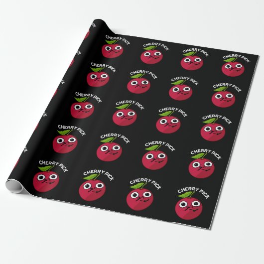 Cherry Pick Funny Fruit Pun Dark BG Cadeaupapier (Uitgerold)