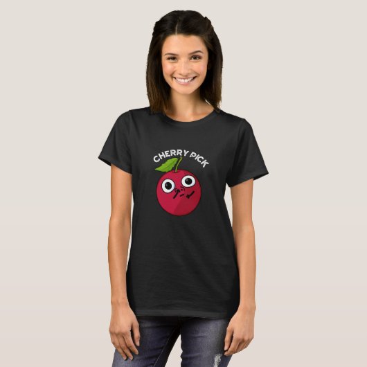 Cherry Pick Funny Fruit Pun Dark BG T-shirt (Voorkant volledig)