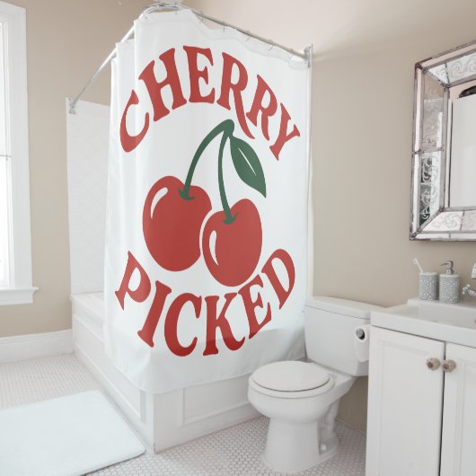 Cherry Picked Trendy Retro Fruit Graphic Douchegordijn (In situ)