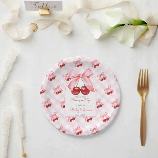 Cherry Pink Bow Baby shower Papieren Bordje (Huwelijk)