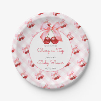 Cherry Pink Bow Baby Shower Papieren Bordje