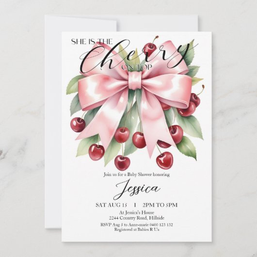 Cherry Pink Bow Cherry sur Baby shower Invitation (Devant)