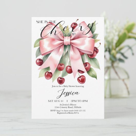 Cherry Pink Bow Cherry sur Baby shower Invitation (Debout devant)