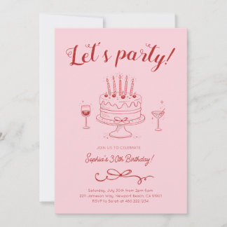 Cherry Pink Red Birthday Cake Invitation Kaart