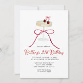 Cherry Red Bow Champagne 21st Birthday Invitation Kaart (Voorkant)