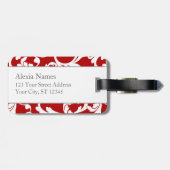 Cherry Red Monogrammed Damask Print Bagagelabel (Achterkant horizontaal)