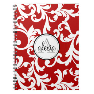 Cherry Red Monogrammed Damask Print Notitieboek