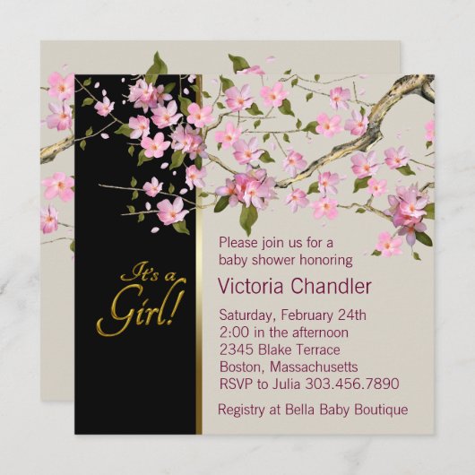 Cherry rose Fleur bébé Douche Invitations (Devant / Derrière)