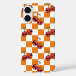Cherry Skull Checkerboard - Schattigee Gothic Vibe iPhone 16 Hoesje