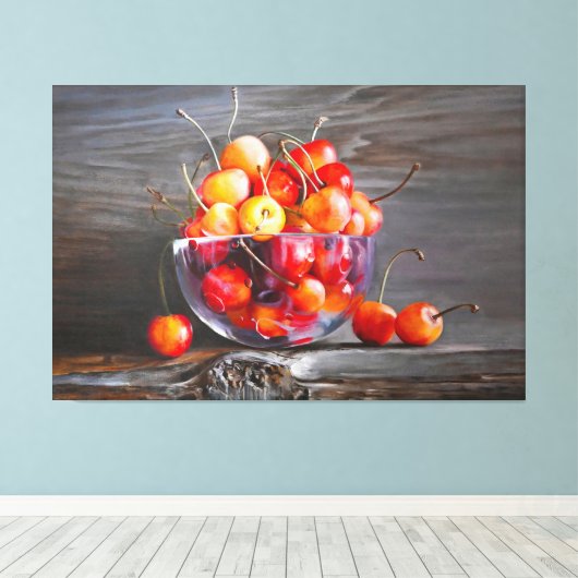 Cherry Still Life in Glass Stretched Canvas Print (Insitu (Houten vloer))