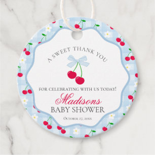 Cherry Sweet Blue Coquette Bow Baby shower Circle Bedankjes Labels