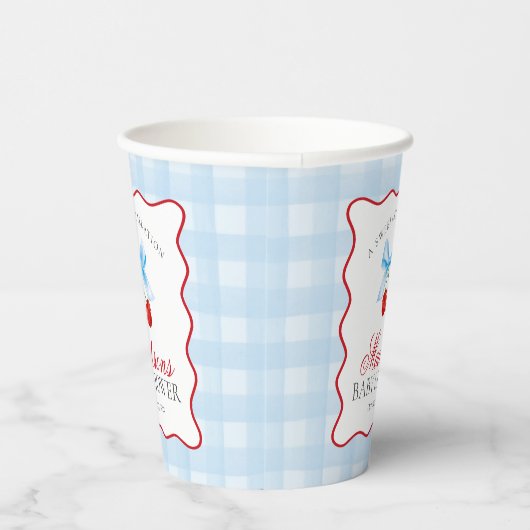 Cherry Sweet Blue Coquette Bow Gingham Baby shower Papieren Bekers (Rechts)