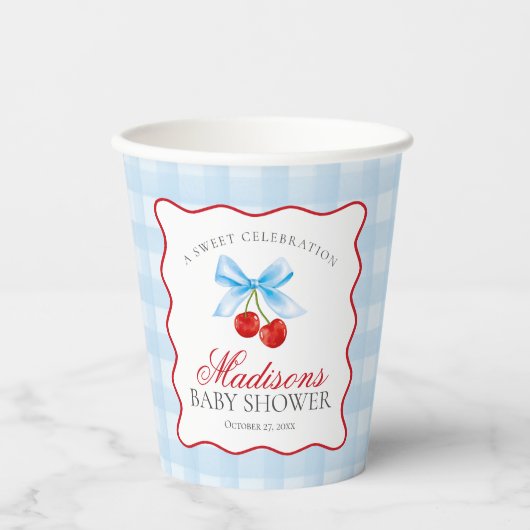 Cherry Sweet Blue Coquette Bow Gingham Baby shower Papieren Bekers (Voorkant)