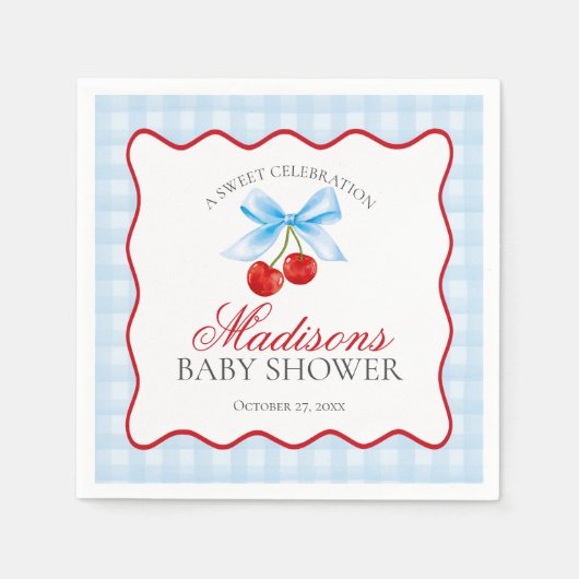 Cherry Sweet Blue Coquette Bow Gingham Baby shower Servet (Voorkant)