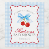 Cherry Sweet Blue Coquette Bow Gingham Baby shower Wijn Etiket (Enkel label)